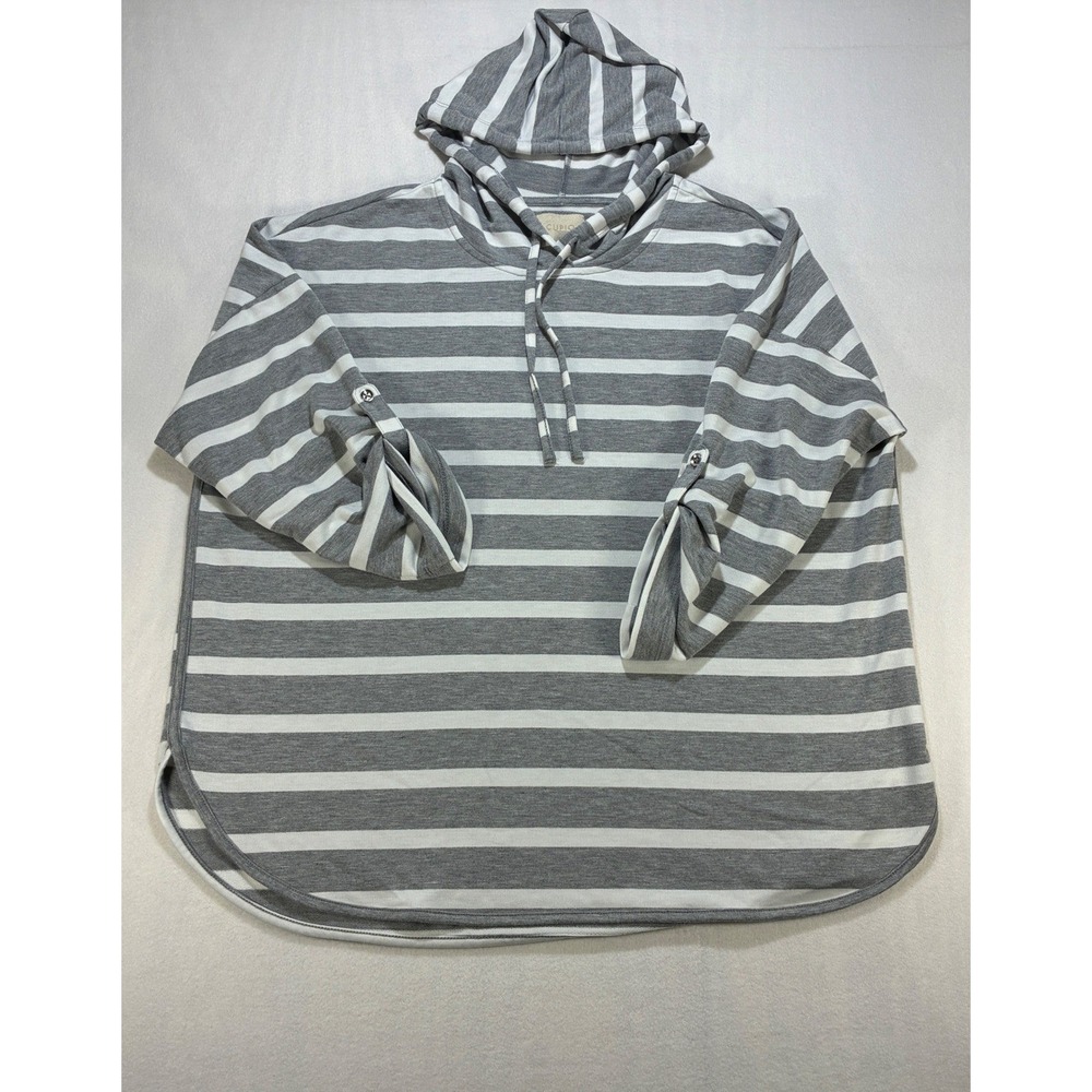 Cupio Striped Roll Tab Sleeve Hoodie Top Women 1X Grey White Casual Lightweight